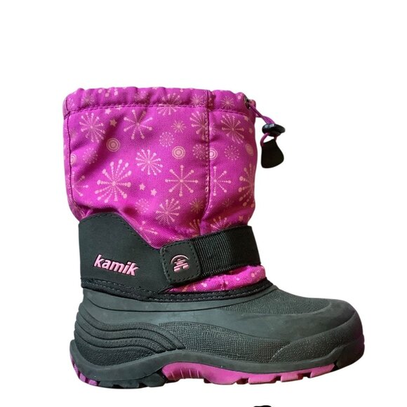 Kamik Rocket Girl Insulated Winter Snow Boots Size 12 Pink Black Snowflake Print - Picture 2 of 6